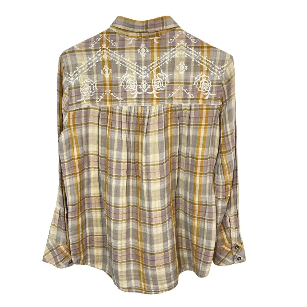 Free People Magical Plaid‎ Embroidered Button Up Western Shirt Women's Size XS